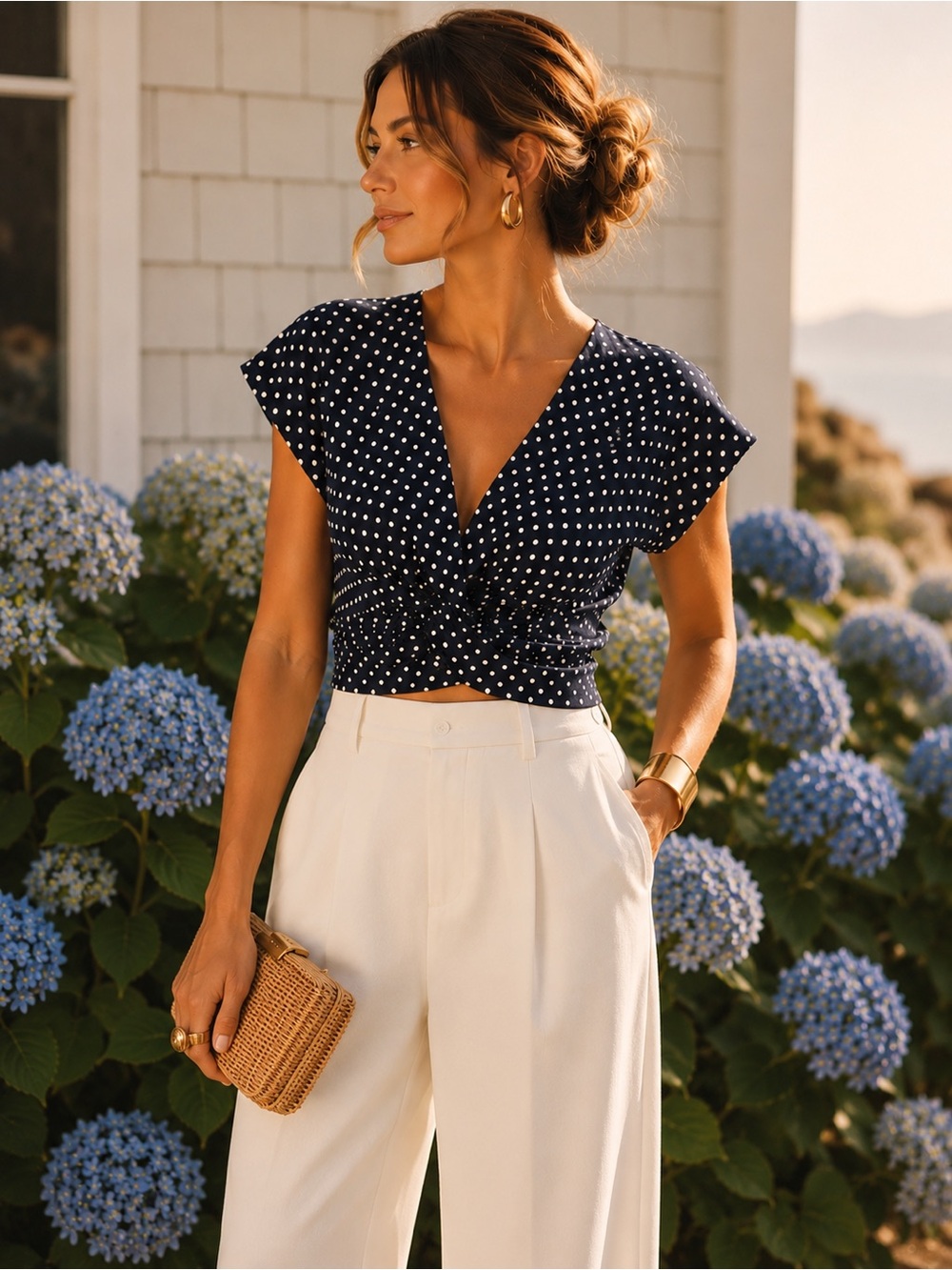 Zara Navy Polka Dot Twist-Front Crop Top